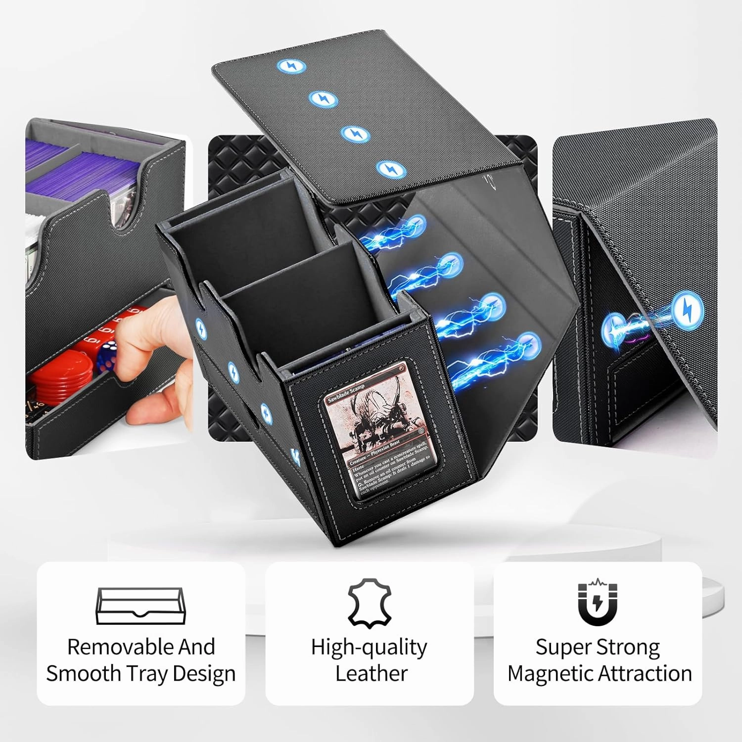 Card Deck Box for MTG, Double Storage Box with 2 Commander Display & 1 Dice Tray, Fits 200  Double Sleeved, Organizer for CCG TCG Sports(Black Gray)