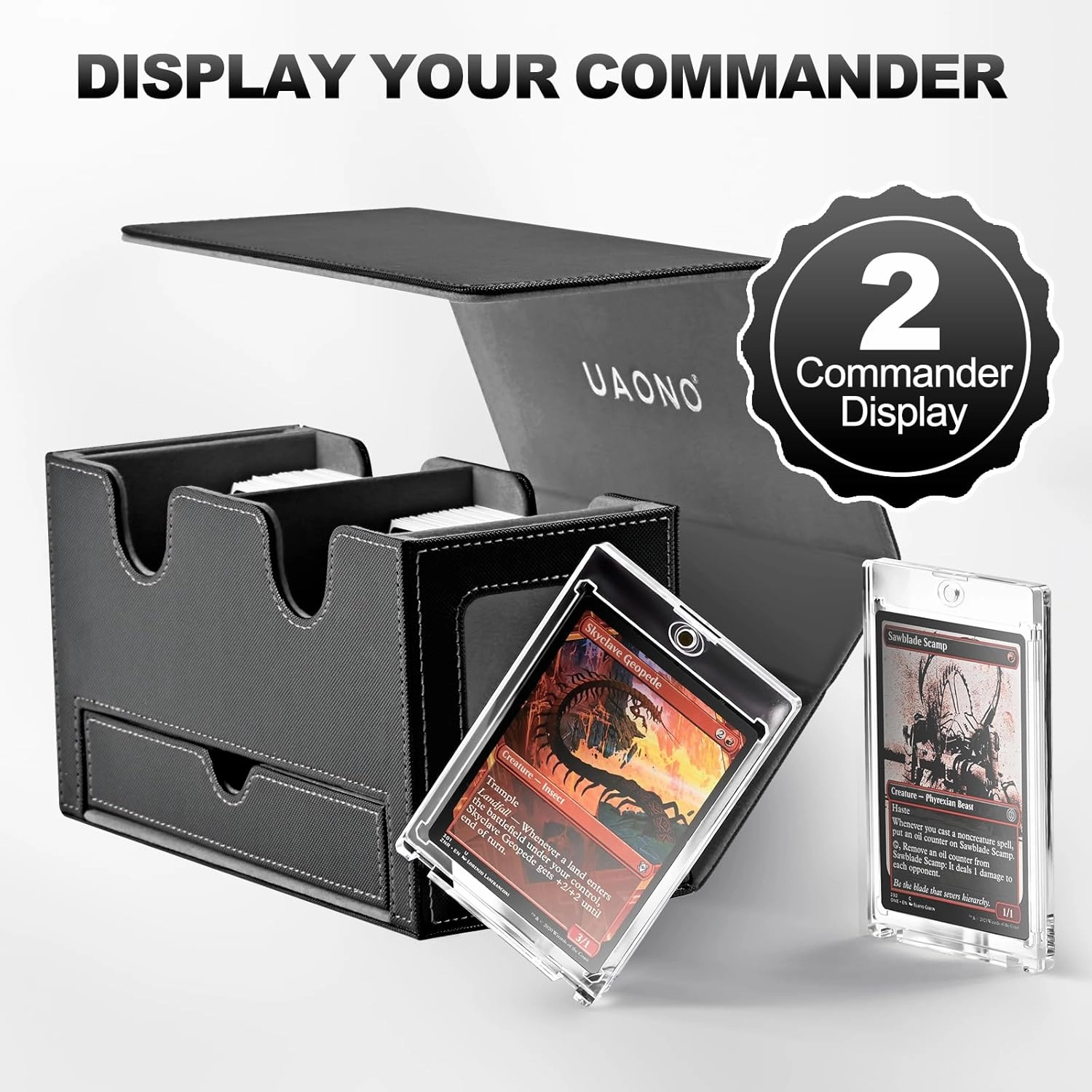 Card Deck Box for MTG, Double Storage Box with 2 Commander Display & 1 Dice Tray, Fits 200  Double Sleeved, Organizer for CCG TCG Sports(Black Gray)
