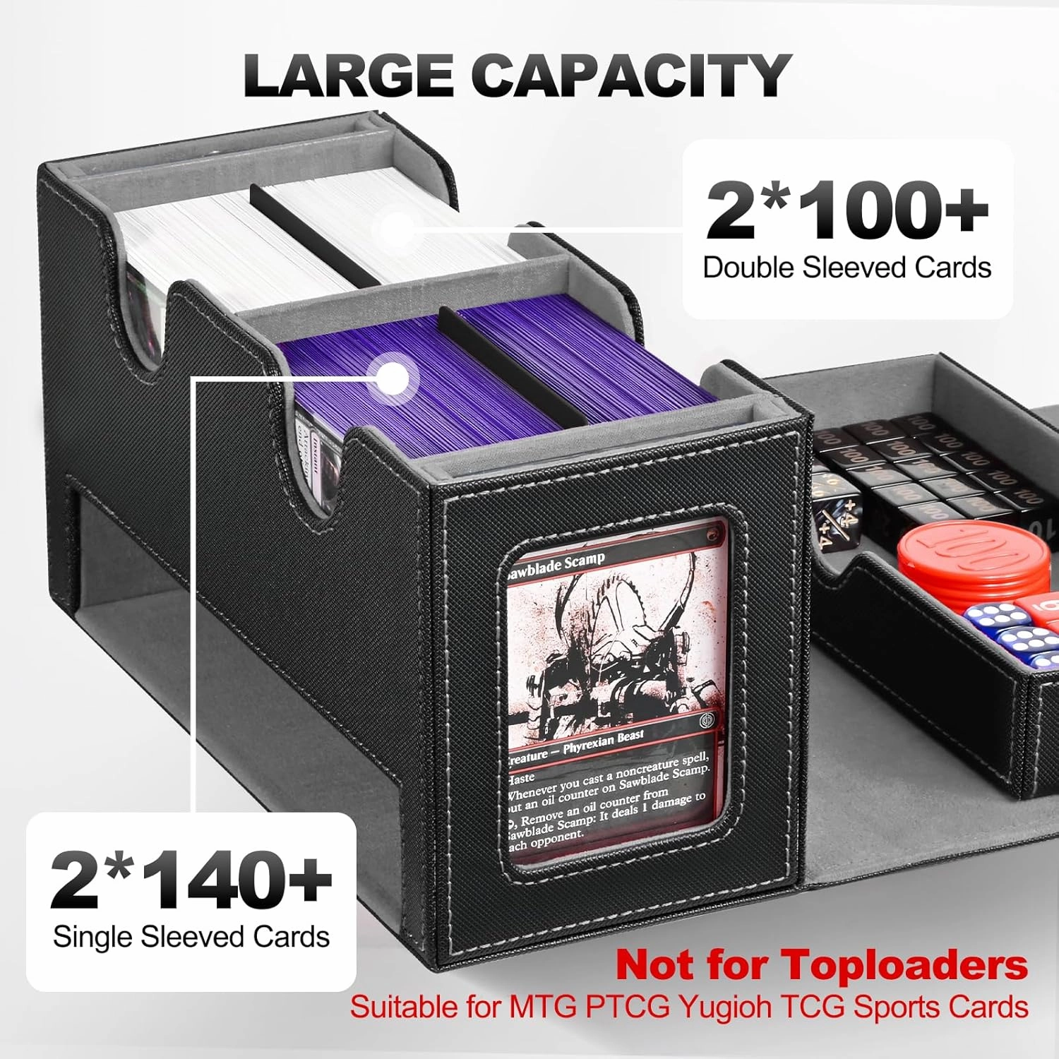 Card Deck Box for MTG, Double Storage Box with 2 Commander Display & 1 Dice Tray, Fits 200  Double Sleeved, Organizer for CCG TCG Sports(Black Gray)