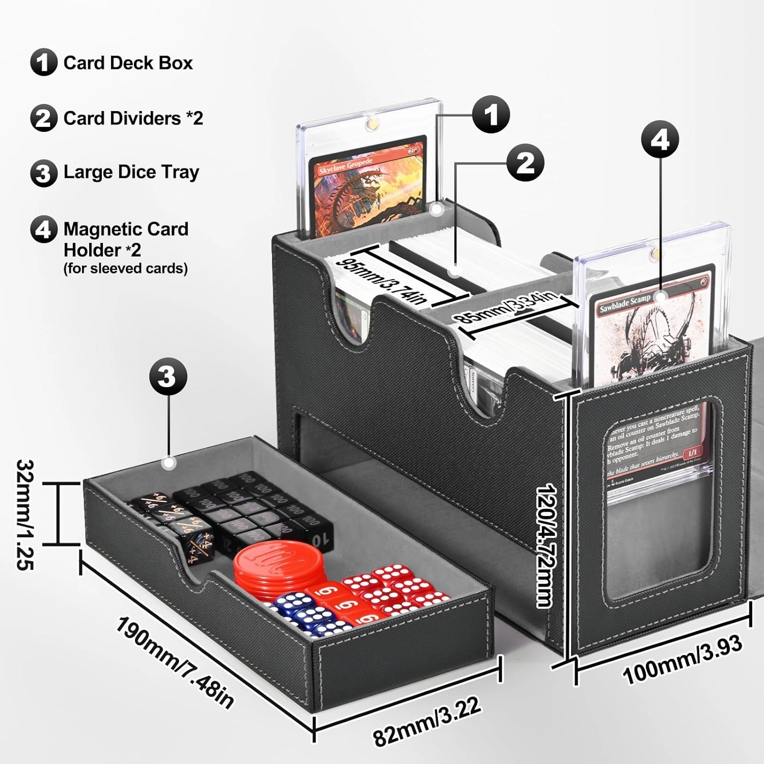Card Deck Box for MTG, Double Storage Box with 2 Commander Display & 1 Dice Tray, Fits 200  Double Sleeved, Organizer for CCG TCG Sports(Black Gray)