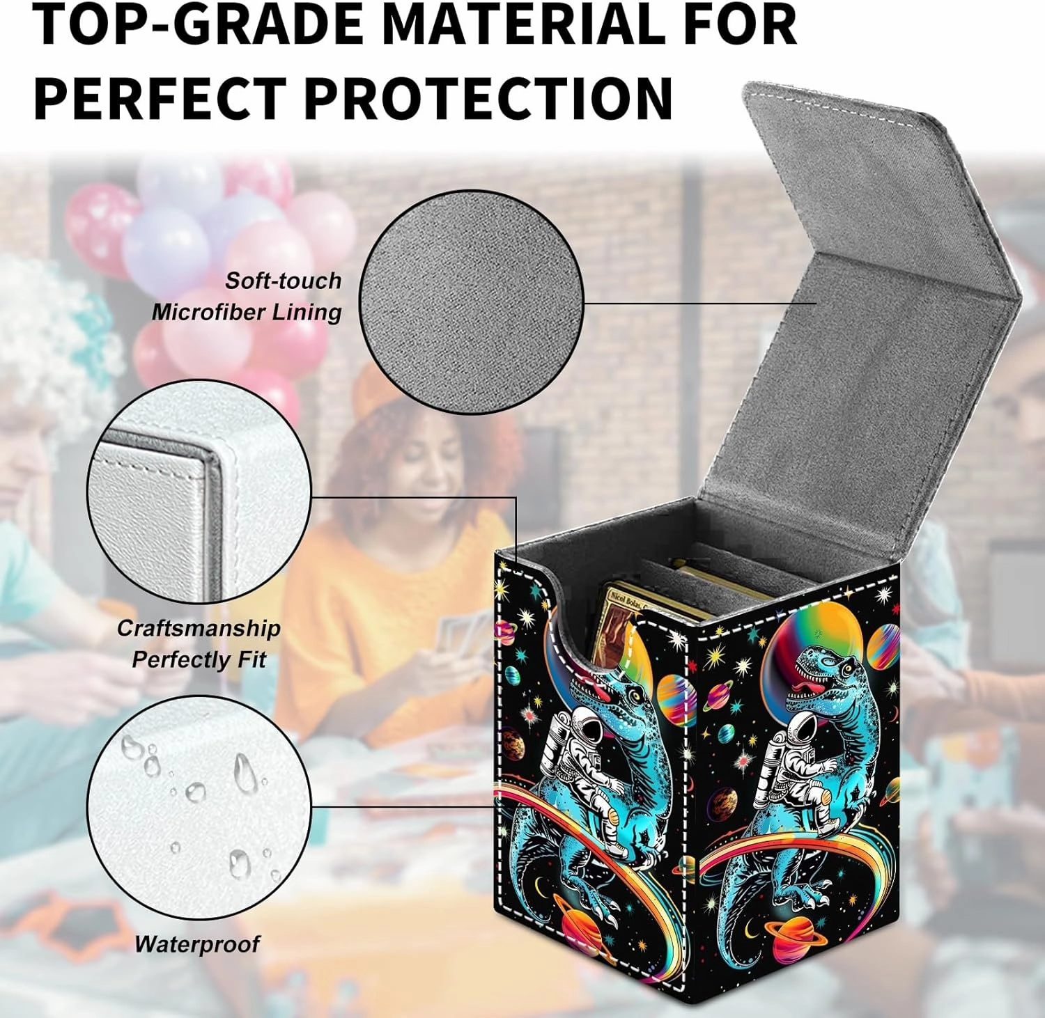 Card Deck Box for MTG Trading Cards, Magic Card Box Can Hold 110  Single Sleeved Cards, Waterproof PU Leather Material, Strong Magnetic Buckle Card Set Box Suitable for TCG CCG, Astronaut Dinosaur