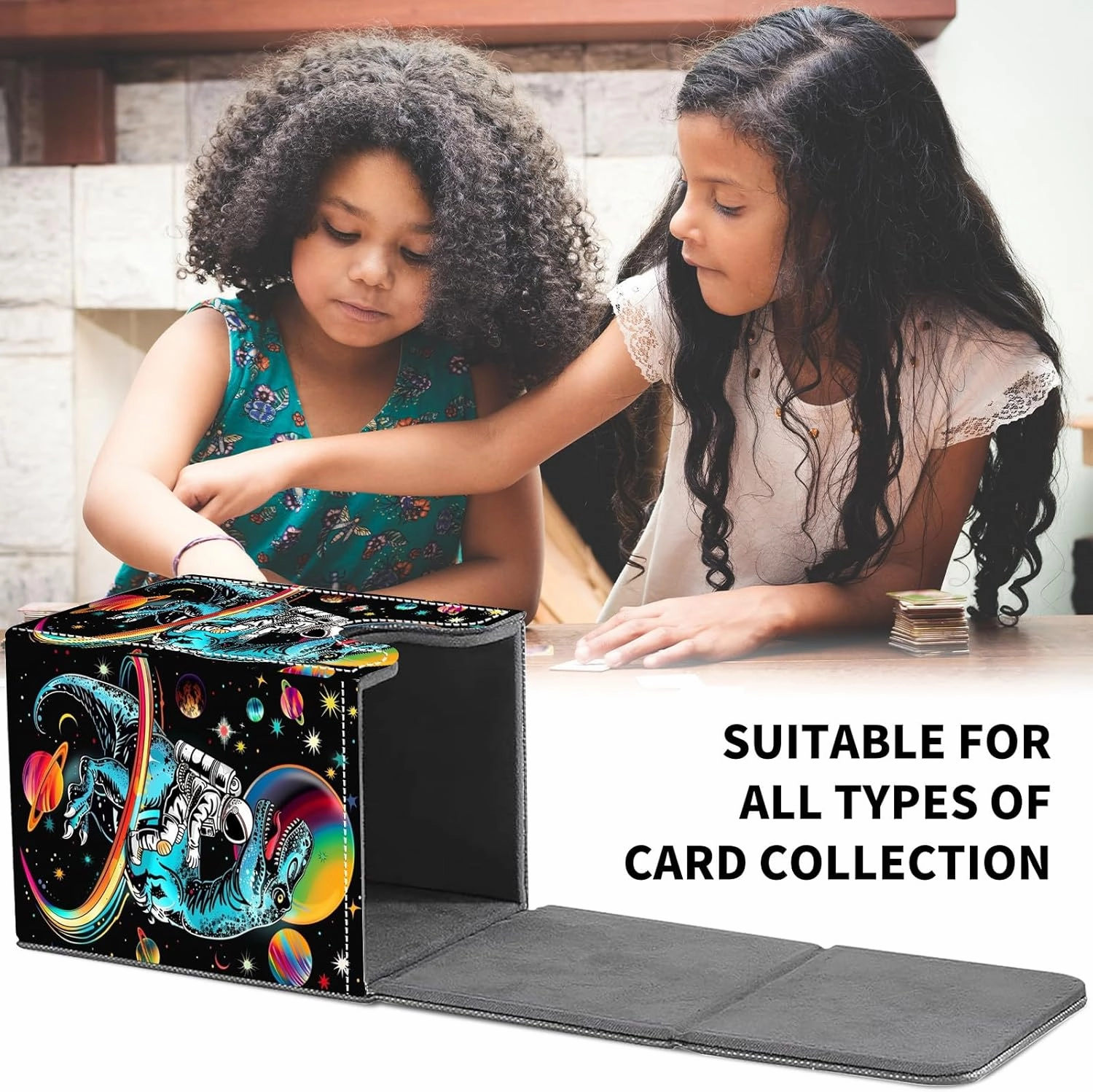 Card Deck Box for MTG Trading Cards, Magic Card Box Can Hold 110  Single Sleeved Cards, Waterproof PU Leather Material, Strong Magnetic Buckle Card Set Box Suitable for TCG CCG, Astronaut Dinosaur