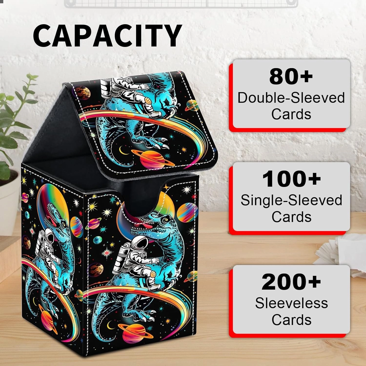 Card Deck Box for MTG Trading Cards, Magic Card Box Can Hold 110  Single Sleeved Cards, Waterproof PU Leather Material, Strong Magnetic Buckle Card Set Box Suitable for TCG CCG, Astronaut Dinosaur