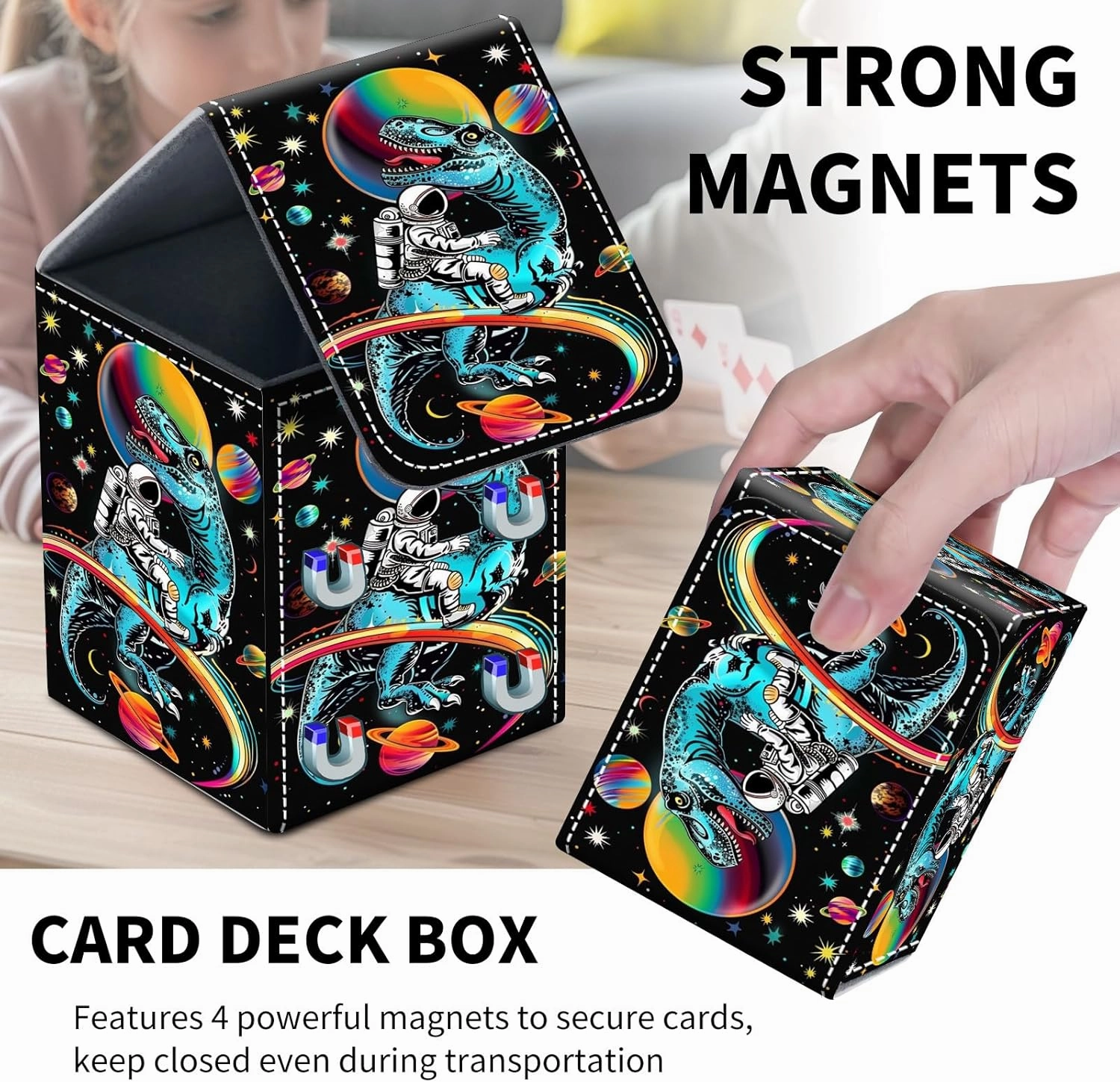 Card Deck Box for MTG Trading Cards, Magic Card Box Can Hold 110  Single Sleeved Cards, Waterproof PU Leather Material, Strong Magnetic Buckle Card Set Box Suitable for TCG CCG, Astronaut Dinosaur
