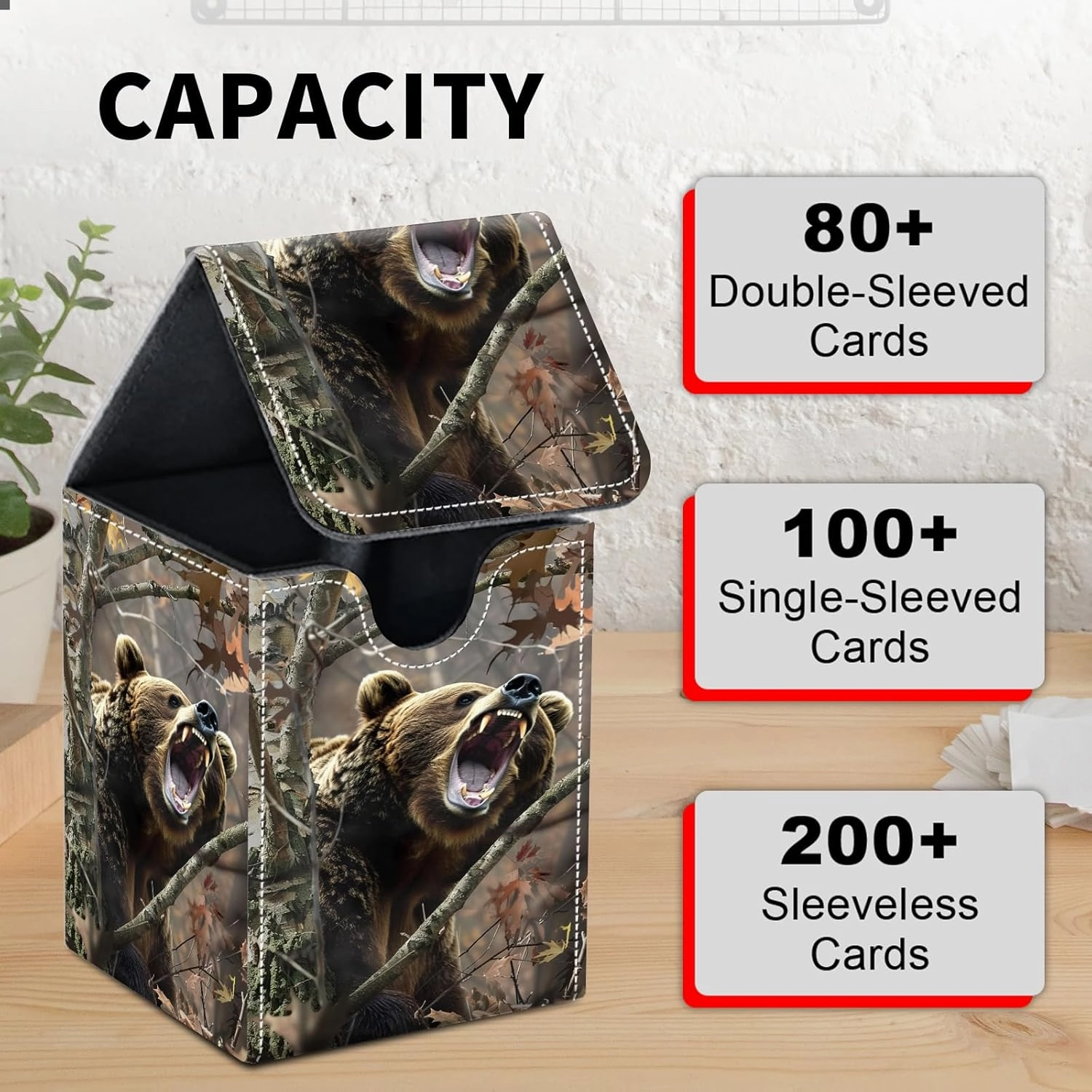 Card Deck Box for MTG Trading Cards, Magic Card Box Can Hold 110  Single Sleeved Cards, Waterproof PU Leather Material, Strong Magnetic Buckle Card Set Box Suitable for TCG CCG, Camouflaged Tree Bear