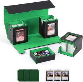 Card Deck Box for MTG with Commander Display, 4-in-1 Removable Card Case with Dice Tray Holds 300  Double-sleeved Cards, Magnetic Closure Storage Box for TCG Sports Cards (Black&Green)