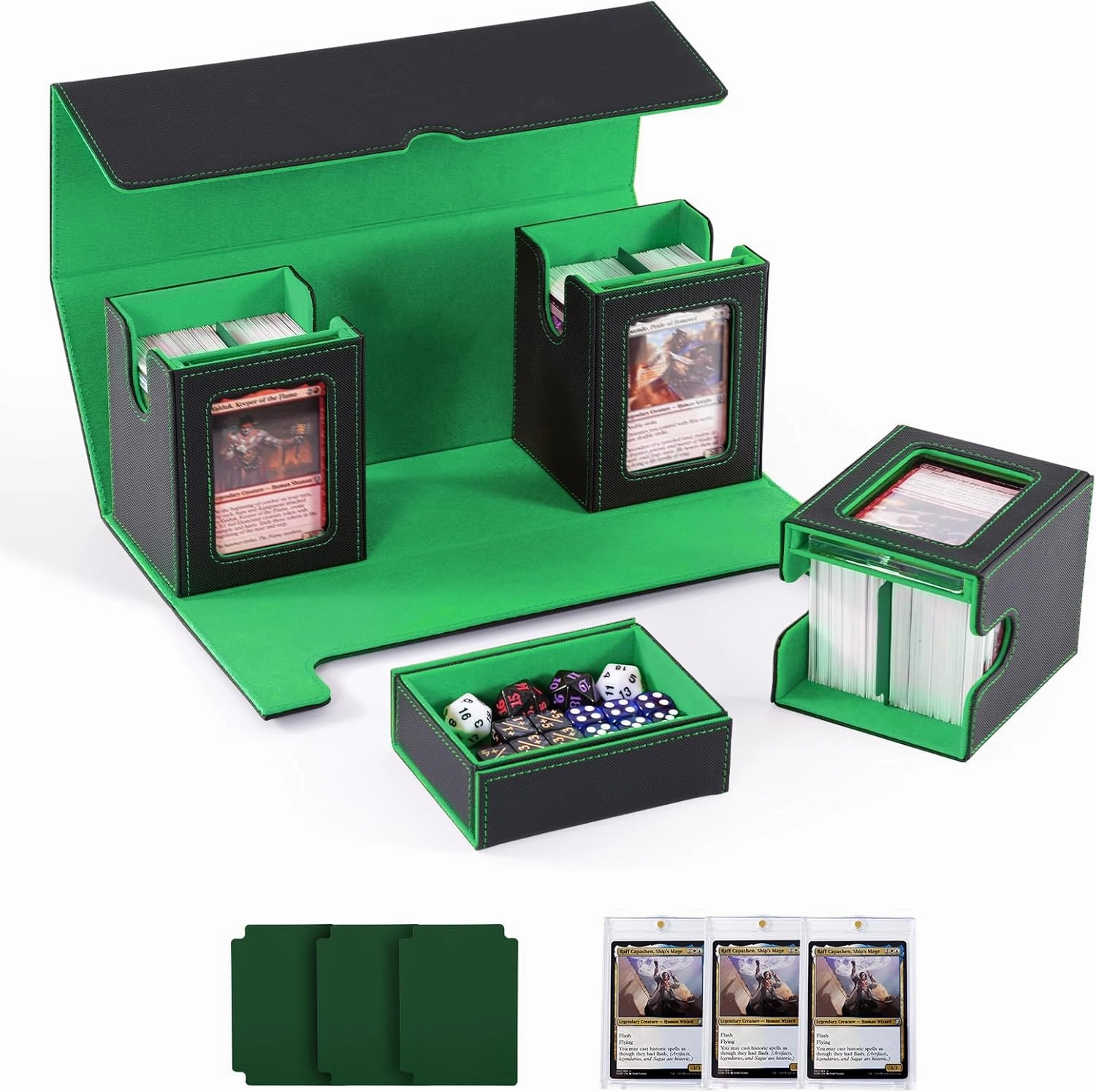 Card Deck Box for MTG with Commander Display, 4-in-1 Removable Card Case with Dice Tray Holds 300  Double-sleeved Cards, Magnetic Closure Storage Box for TCG Sports Cards (Black&Green)
