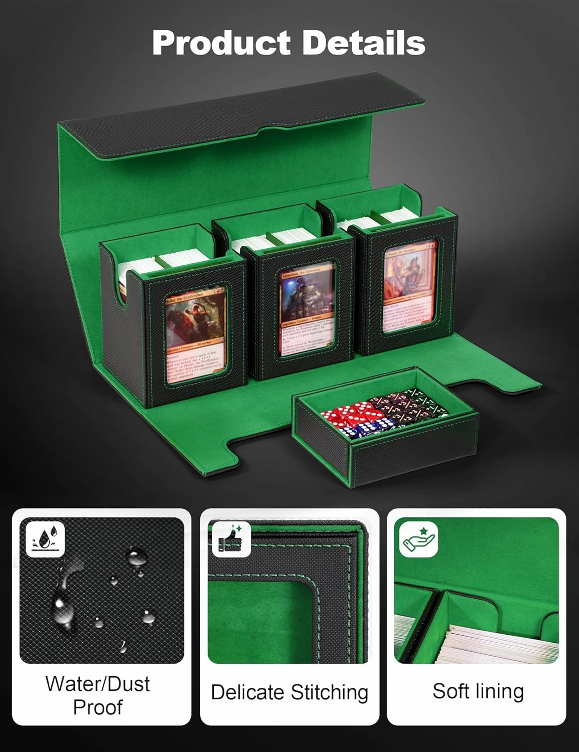 Card Deck Box for MTG with Commander Display, 4-in-1 Removable Card Case with Dice Tray Holds 300  Double-sleeved Cards, Magnetic Closure Storage Box for TCG Sports Cards (Black&Green)