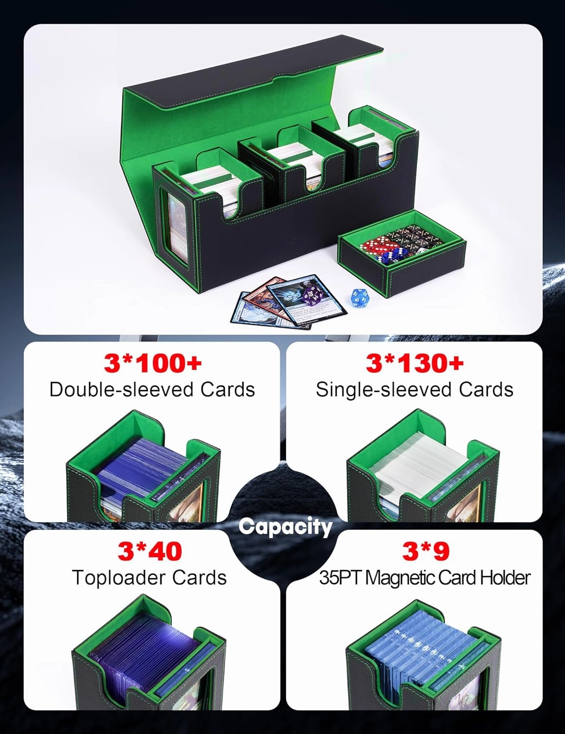 Card Deck Box for MTG with Commander Display, 4-in-1 Removable Card Case with Dice Tray Holds 300  Double-sleeved Cards, Magnetic Closure Storage Box for TCG Sports Cards (Black&Green)