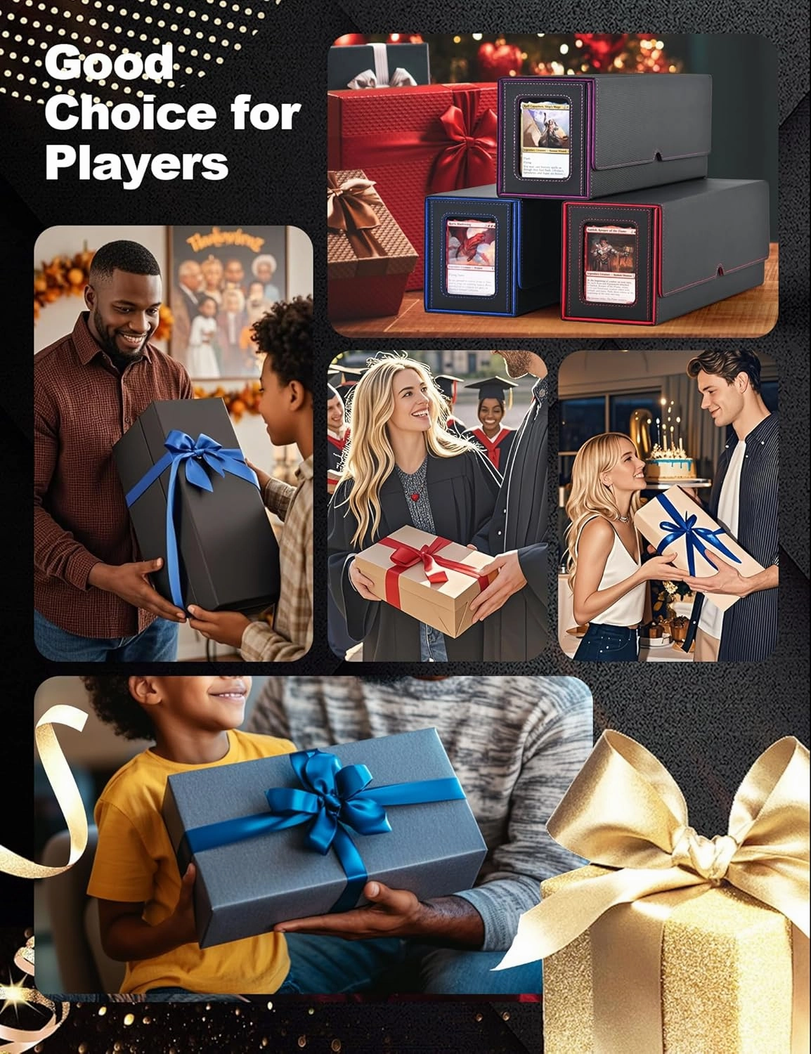 Card Deck Box for MTG with Commander Display, 5-in-1 Removable Card Case with Dice Tray Holds 400  Double-sleeved Cards, Magnetic Closure Card Storage Box for TCG Sports Cards (Black&Gold)