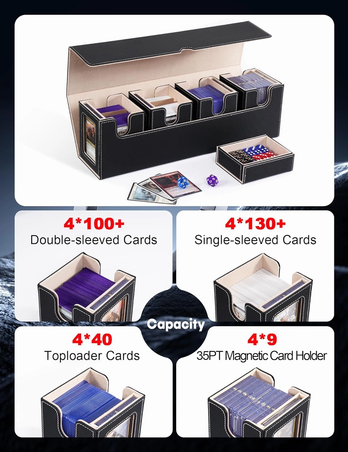 Card Deck Box for MTG with Commander Display, 5-in-1 Removable Card Case with Dice Tray Holds 400  Double-sleeved Cards, Magnetic Closure Card Storage Box for TCG Sports Cards (Black&Gold)