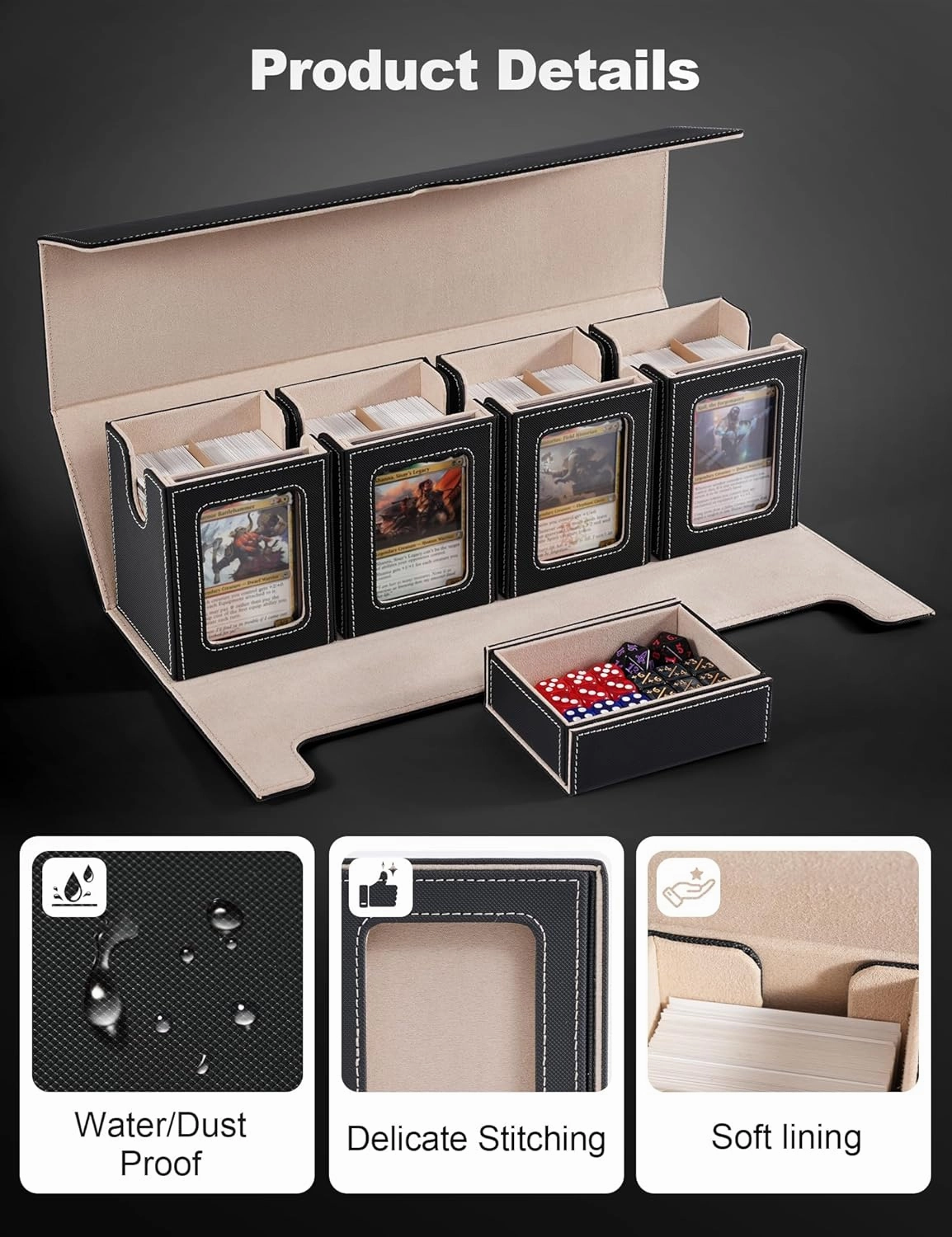Card Deck Box for MTG with Commander Display, 5-in-1 Removable Card Case with Dice Tray Holds 400  Double-sleeved Cards, Magnetic Closure Card Storage Box for TCG Sports Cards (Black&Gold)