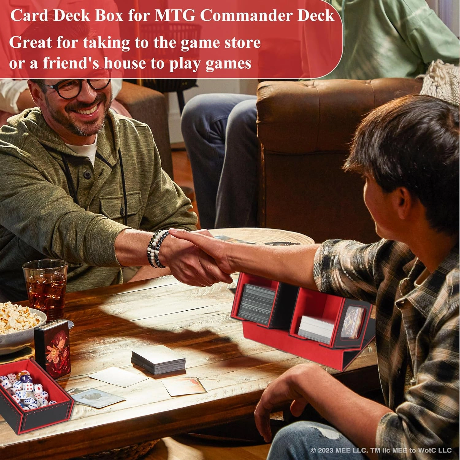Card Deck Box for Trading Cards with Dice Storage, Double window separation Box Holds 200  Single Sleeved Cards, PU Leather Magnetic Closure Storage Case for Magic Commander TCG CCG (Black&Red)