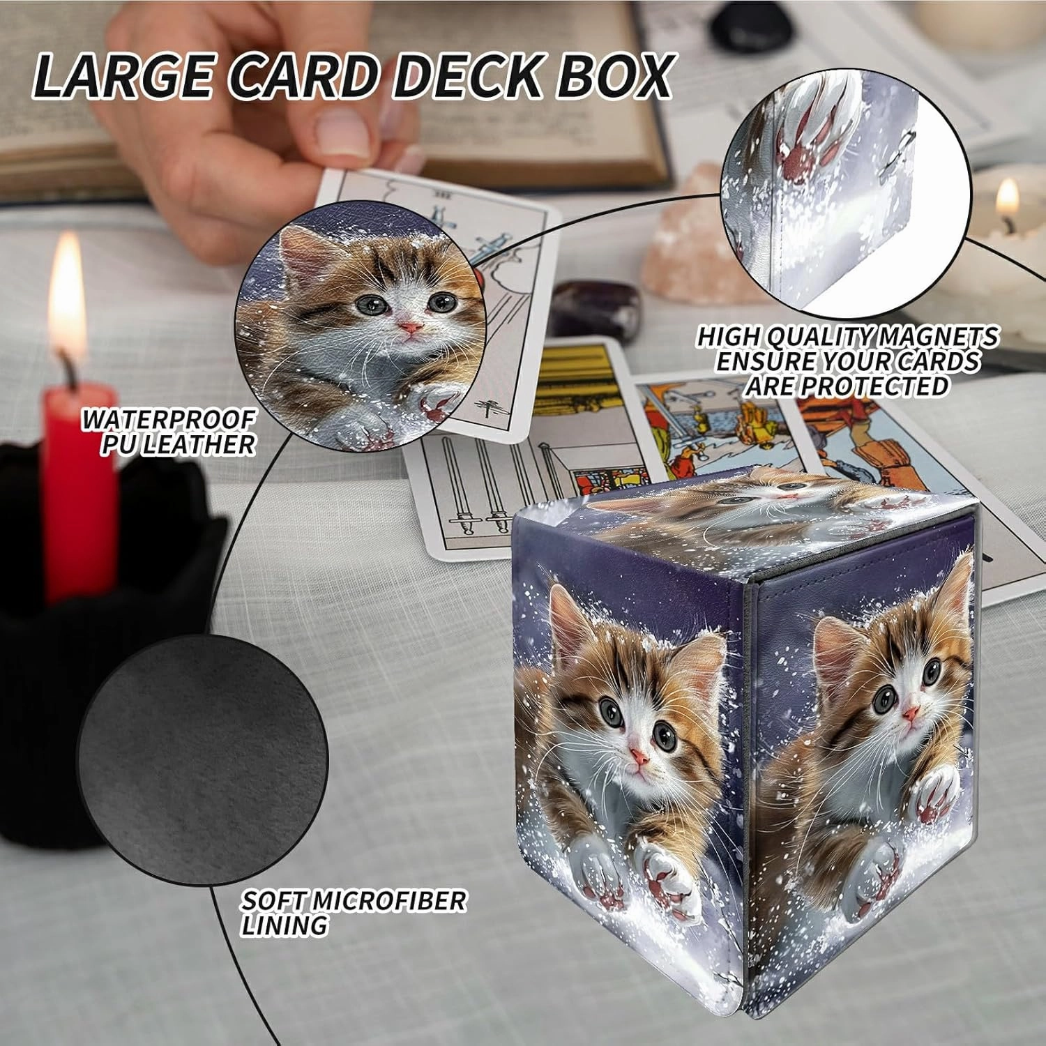 Card Deck Box Trading Cards with Strong Magnet Cute Brown White Kitten Theme Commander Deck Box Card Storage Box Magic Premium Card Storage Box Case Cover for TCG CCG Magic Cards