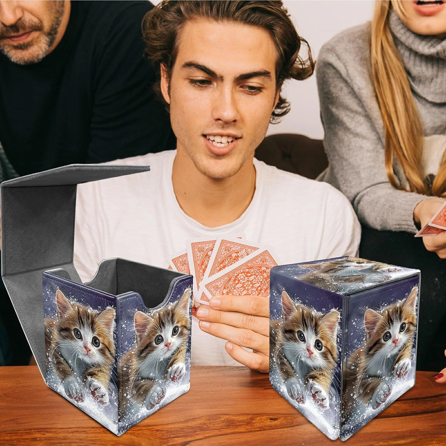 Card Deck Box Trading Cards with Strong Magnet Cute Brown White Kitten Theme Commander Deck Box Card Storage Box Magic Premium Card Storage Box Case Cover for TCG CCG Magic Cards