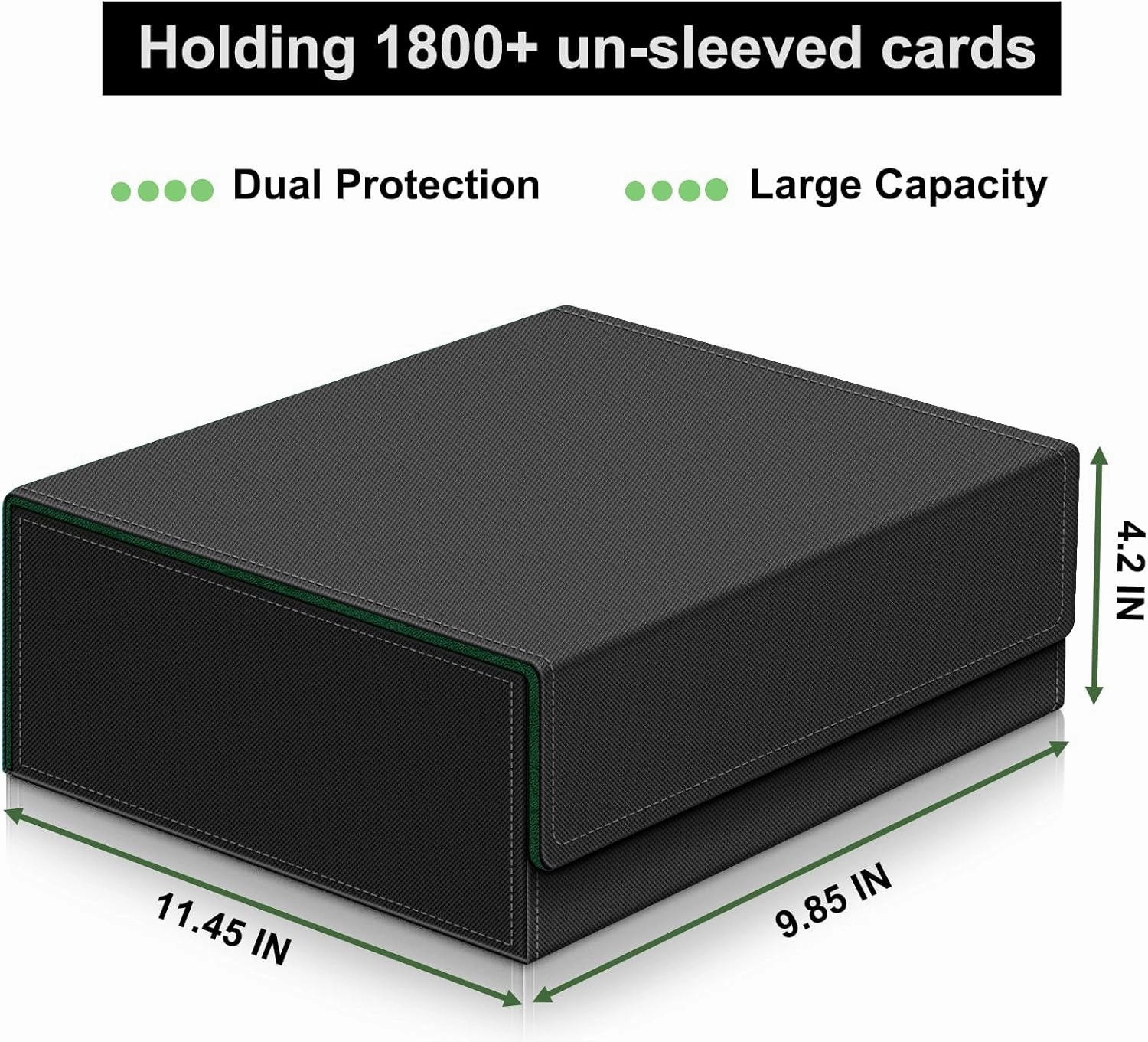 Card Deck Case for Trading Cards,Card Storage Box Holds 1800  Single Sleeved Cards,PU Leather Magnetic Closure Commander Card Boxes Magic Card Holders Fit for Game Cards and Sport Cards (Black&Green)