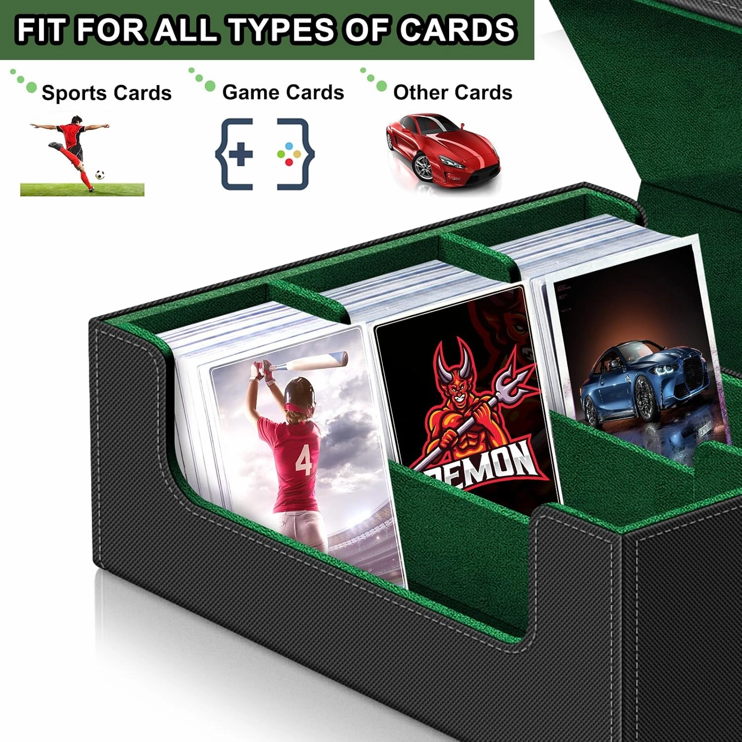 Card Deck Case for Trading Cards,Card Storage Box Holds 1800  Single Sleeved Cards,PU Leather Magnetic Closure Commander Card Boxes Magic Card Holders Fit for Game Cards and Sport Cards (Black&Green)