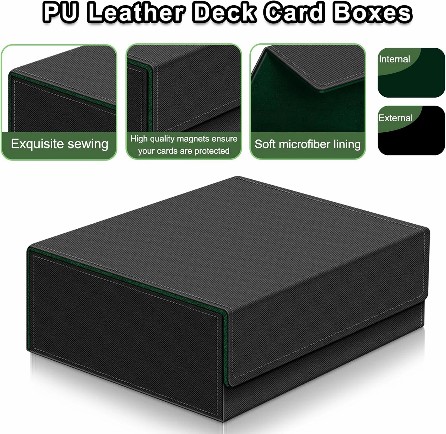 Card Deck Case for Trading Cards,Card Storage Box Holds 1800  Single Sleeved Cards,PU Leather Magnetic Closure Commander Card Boxes Magic Card Holders Fit for Game Cards and Sport Cards (Black&Green)