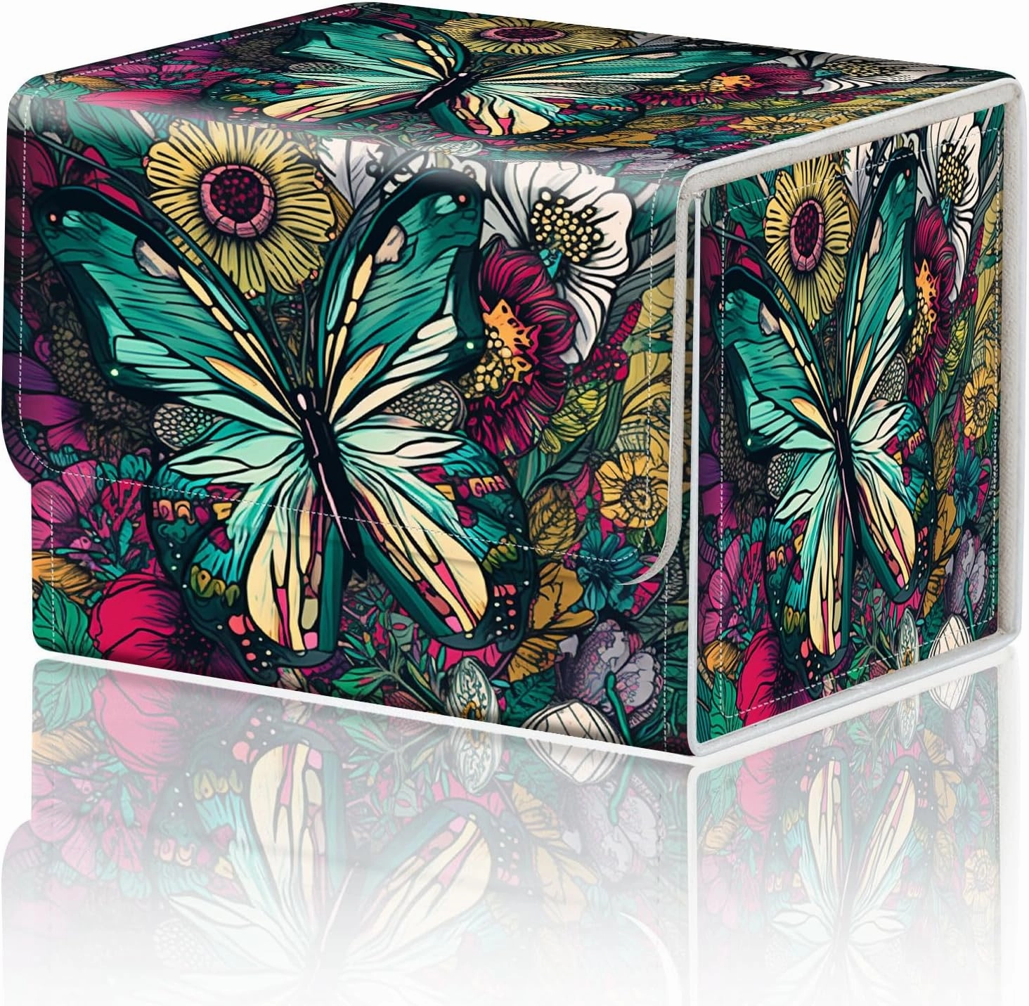 Card Game Storage TCG Deck Box MTG Organizer Trading Card Case Storage Box Magnetic Closure Creative Pattern Up to 200 Cards, Colorful Flowers Butterflies
