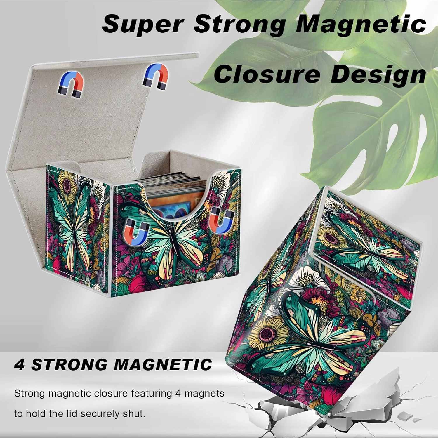 Card Game Storage TCG Deck Box MTG Organizer Trading Card Case Storage Box Magnetic Closure Creative Pattern Up to 200 Cards, Colorful Flowers Butterflies