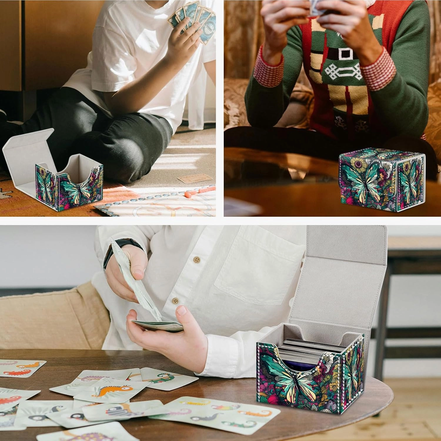 Card Game Storage TCG Deck Box MTG Organizer Trading Card Case Storage Box Magnetic Closure Creative Pattern Up to 200 Cards, Colorful Flowers Butterflies