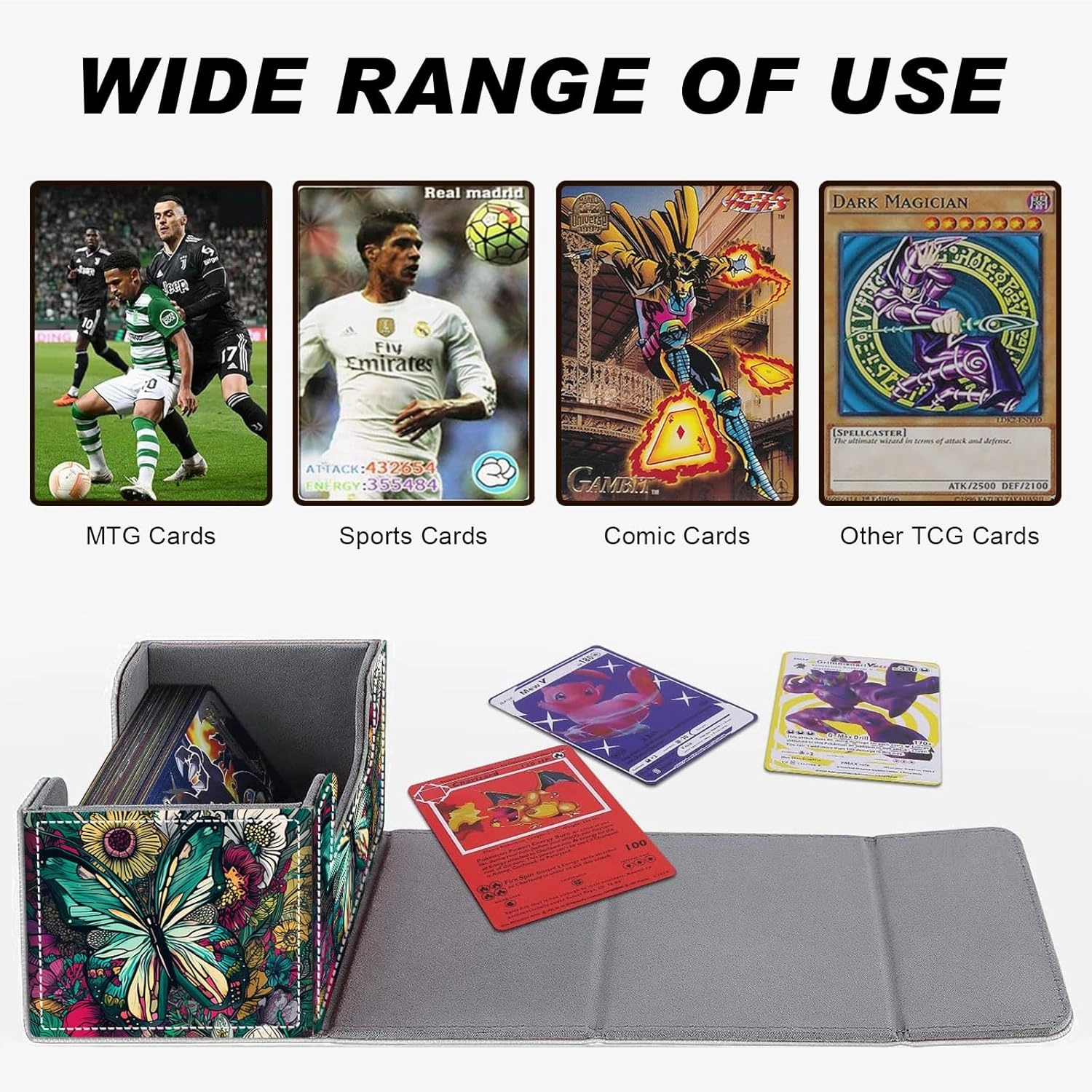 Card Game Storage TCG Deck Box MTG Organizer Trading Card Case Storage Box Magnetic Closure Creative Pattern Up to 200 Cards, Colorful Flowers Butterflies