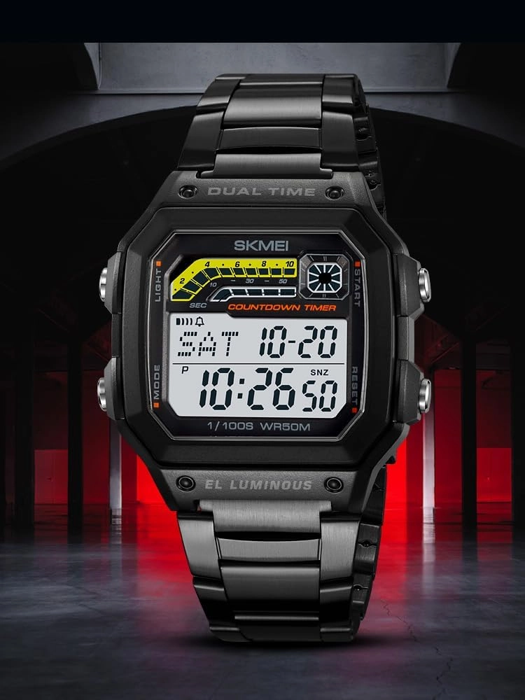 Carlien Mens Outdoor Sports Waterproof Watch Square Digital Display Stainless Steel Band Electronic Watch Luminous Stopwatch Alarm Countdown Multi-Function Features Watches for Men