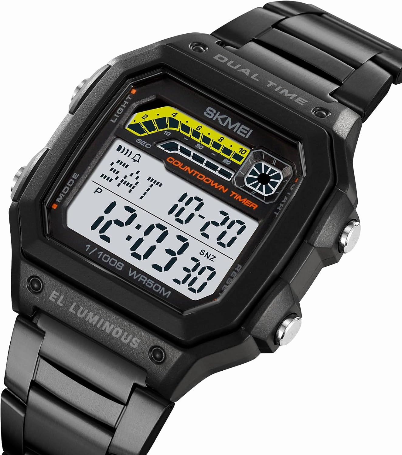 Carlien Mens Outdoor Sports Waterproof Watch Square Digital Display Stainless Steel Band Electronic Watch Luminous Stopwatch Alarm Countdown Multi-Function Features Watches for Men