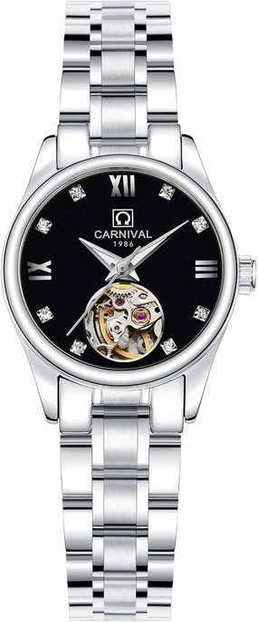 Carnival Women's Automatic Mechanical Watch Simple Skeleton Dial (Black)