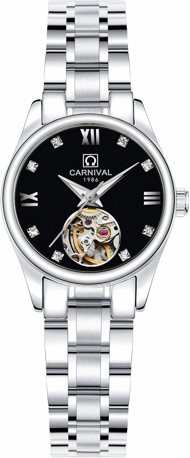 Carnival Women's Automatic Mechanical Watch Simple Skeleton Dial (Black)