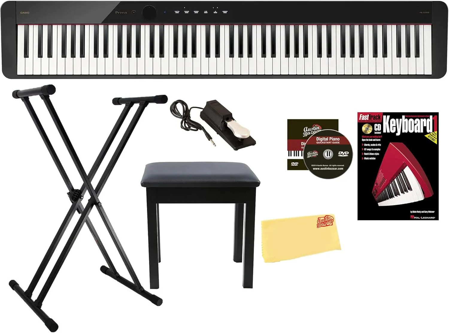 Casio PX-S1100 Privia Digital Piano - Black Bundle with Adjustable Stand, Bench, Sustain Pedal, Instructional Book, Online Lessons, Instructional DVD, and Austin Bazaar Polishing Cloth