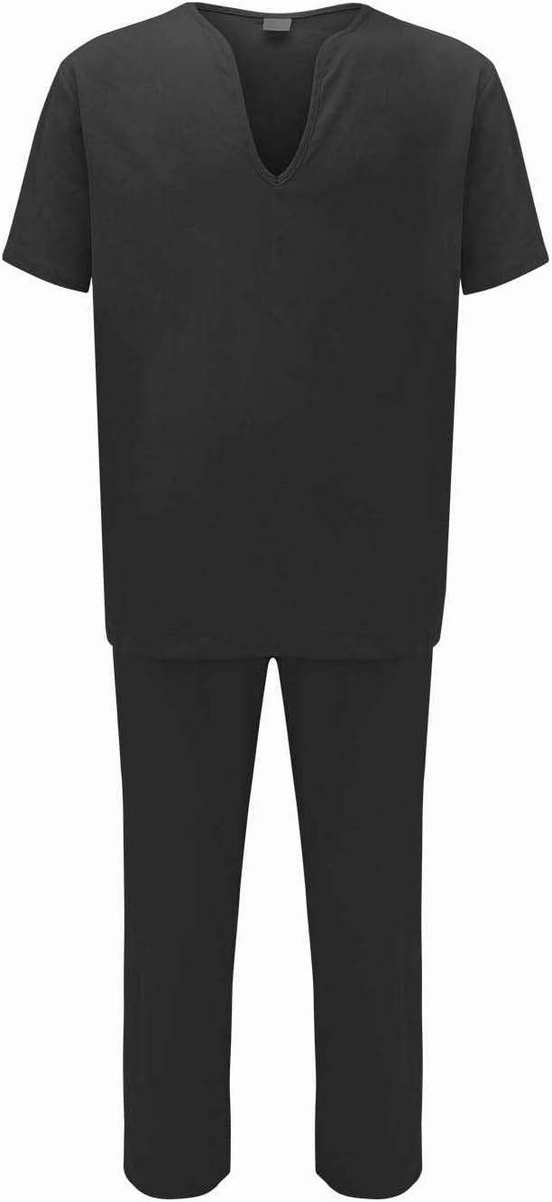 Casual Set for Mens 2 Piece Crew Neck Deep V Short Sleeve Tshirts Drawstring Pants Loose Cool Hiking Active Outfits