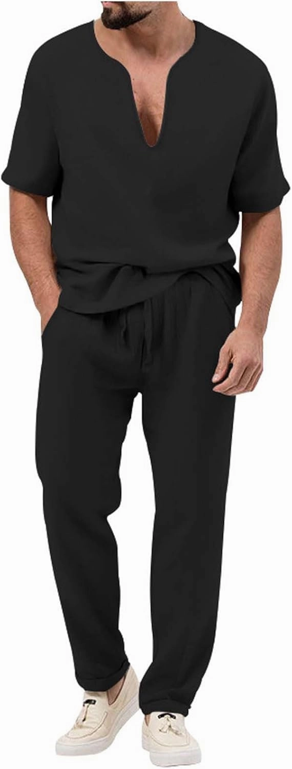 Casual Set for Mens 2 Piece Crew Neck Deep V Short Sleeve Tshirts Drawstring Pants Loose Cool Hiking Active Outfits