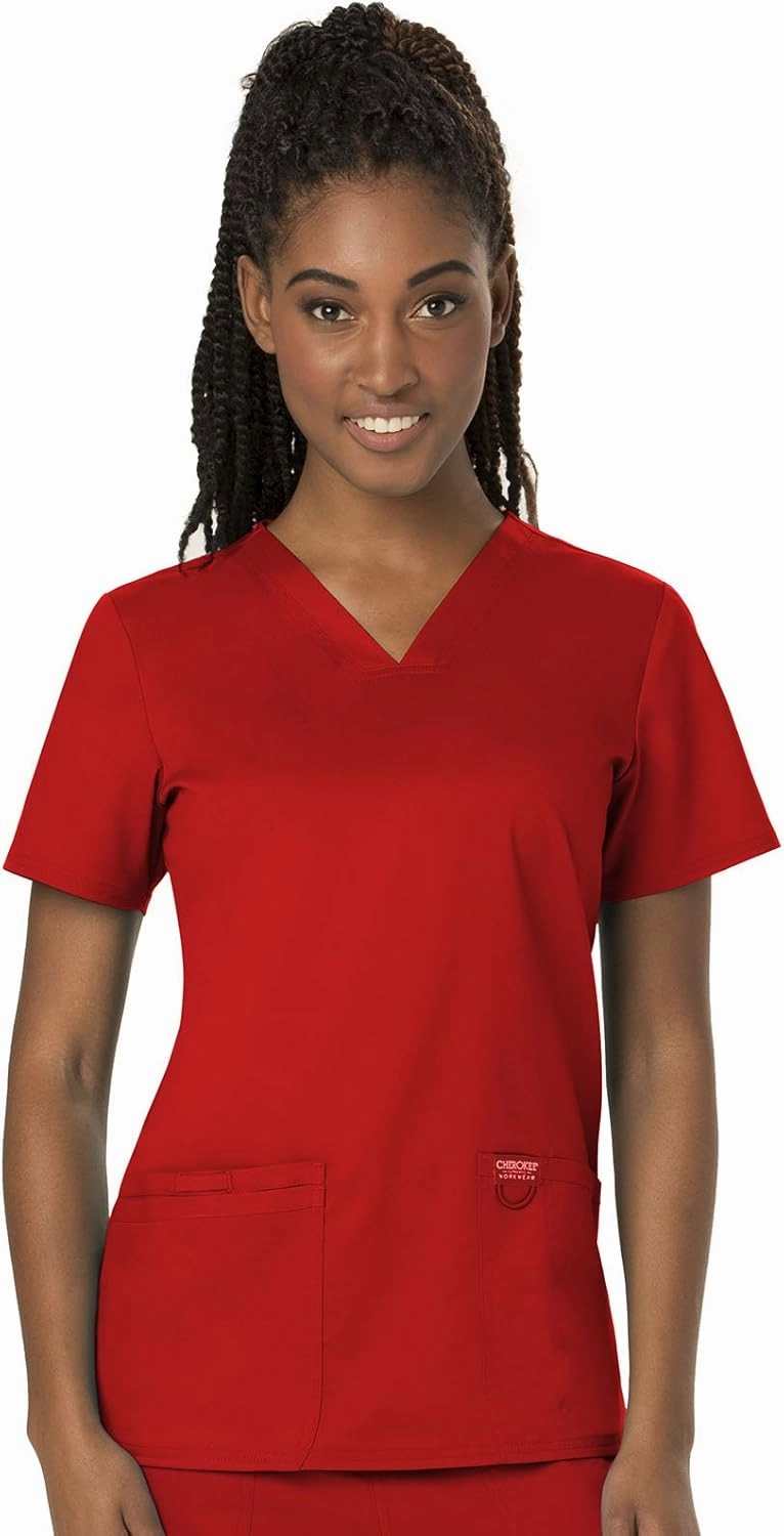 Cherokee Scrub Set For Women Modern Classic Fit 3 Pockets V-Neck Top WW620 with 5 Pockets Moderate Flare Leg Pant WW120