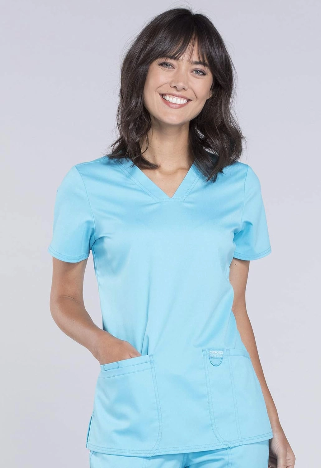 Cherokee Scrub Set For Women Modern Classic Fit 3 Pockets V-Neck Top WW620 with 5 Pockets Moderate Flare Leg Pant WW120
