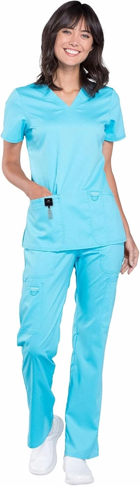 Cherokee Scrub Set For Women Modern Classic Fit 3 Pockets V-Neck Top WW620 with 5 Pockets Moderate Flare Leg Pant WW120