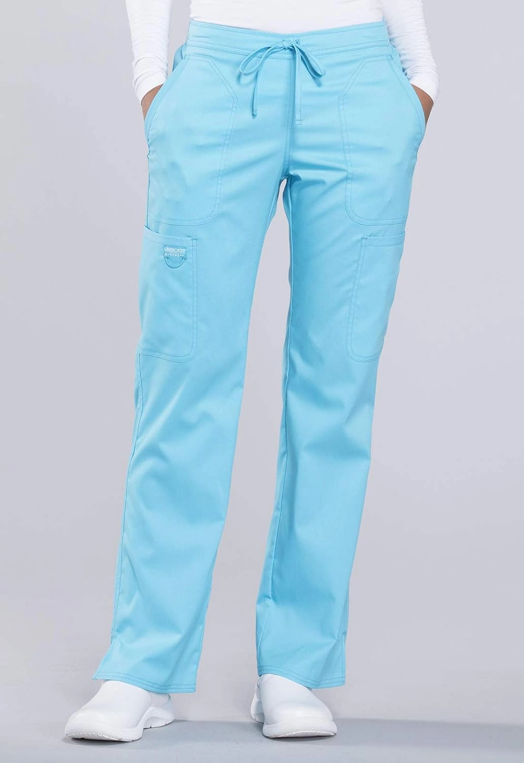 Cherokee Scrub Set For Women Modern Classic Fit 3 Pockets V-Neck Top WW620 with 5 Pockets Moderate Flare Leg Pant WW120