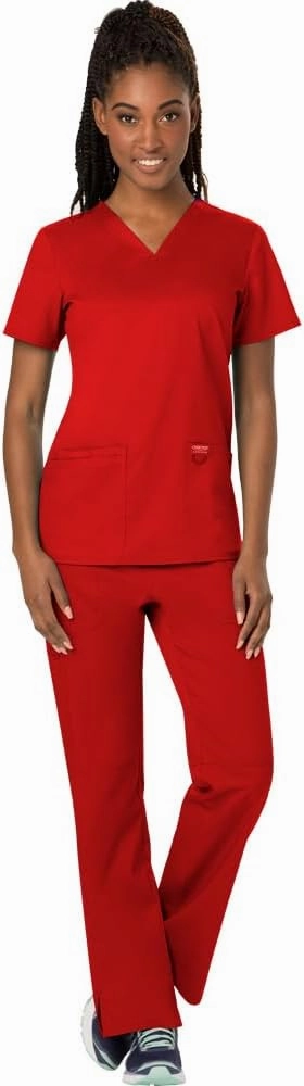 Cherokee Scrub Set For Women Modern Classic Fit 3 Pockets V-Neck Top WW620 with 5 Pockets Moderate Flare Leg Pant WW120