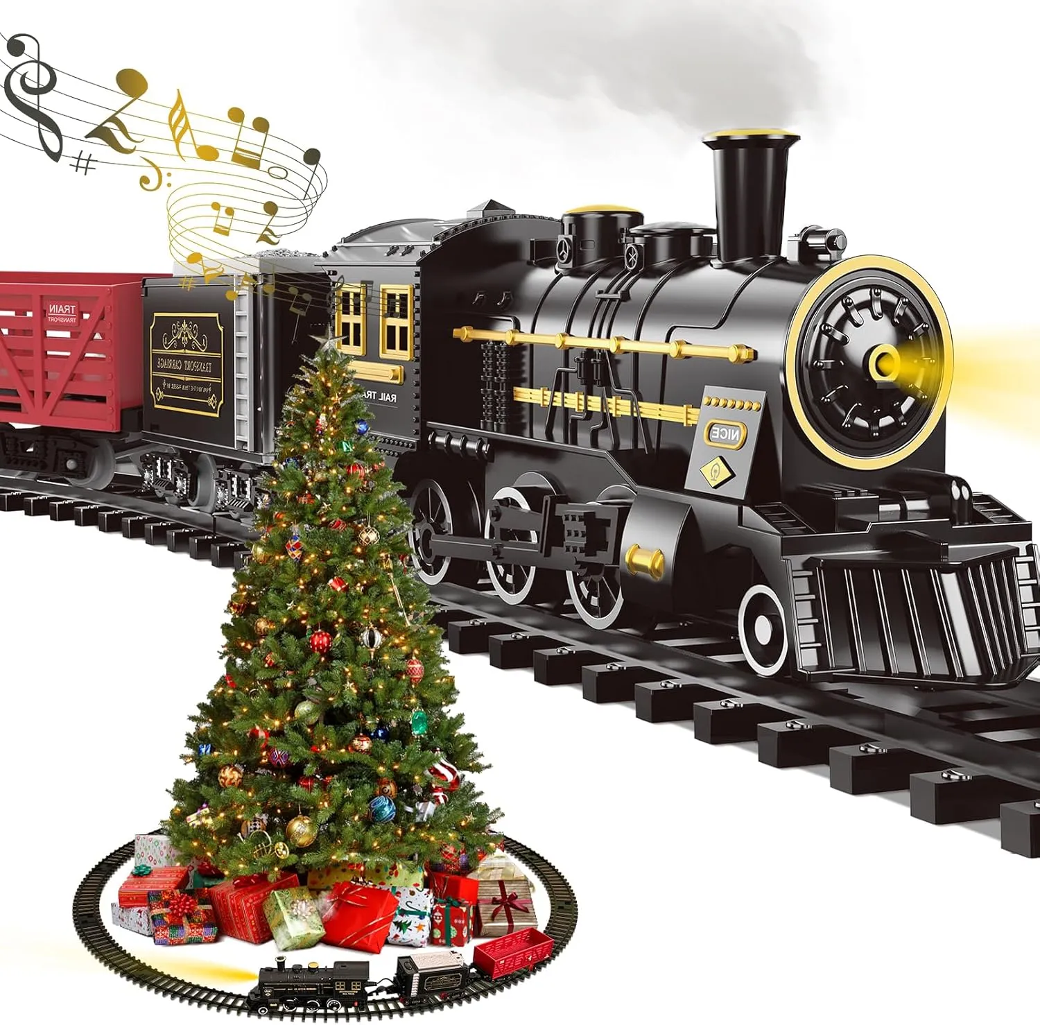 Christmas Train Set, Christmas Tree Train Toys for Boys with Steam/Smoke, Lights and Sound, Christmas Train Sets for Around The Tree, Toddler Model Trains for 3 4 5 Kids/Toddlers Christmas Toys