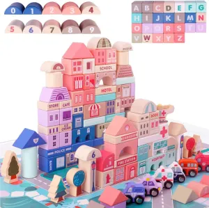 CICITOYWO Wooden Building Blocks Set Wood Kids Construction Stacker Stacking Preschool Learning Educational Preschool Toys Kit for Toddler 3  Year Old Boy and Girl Gifts
