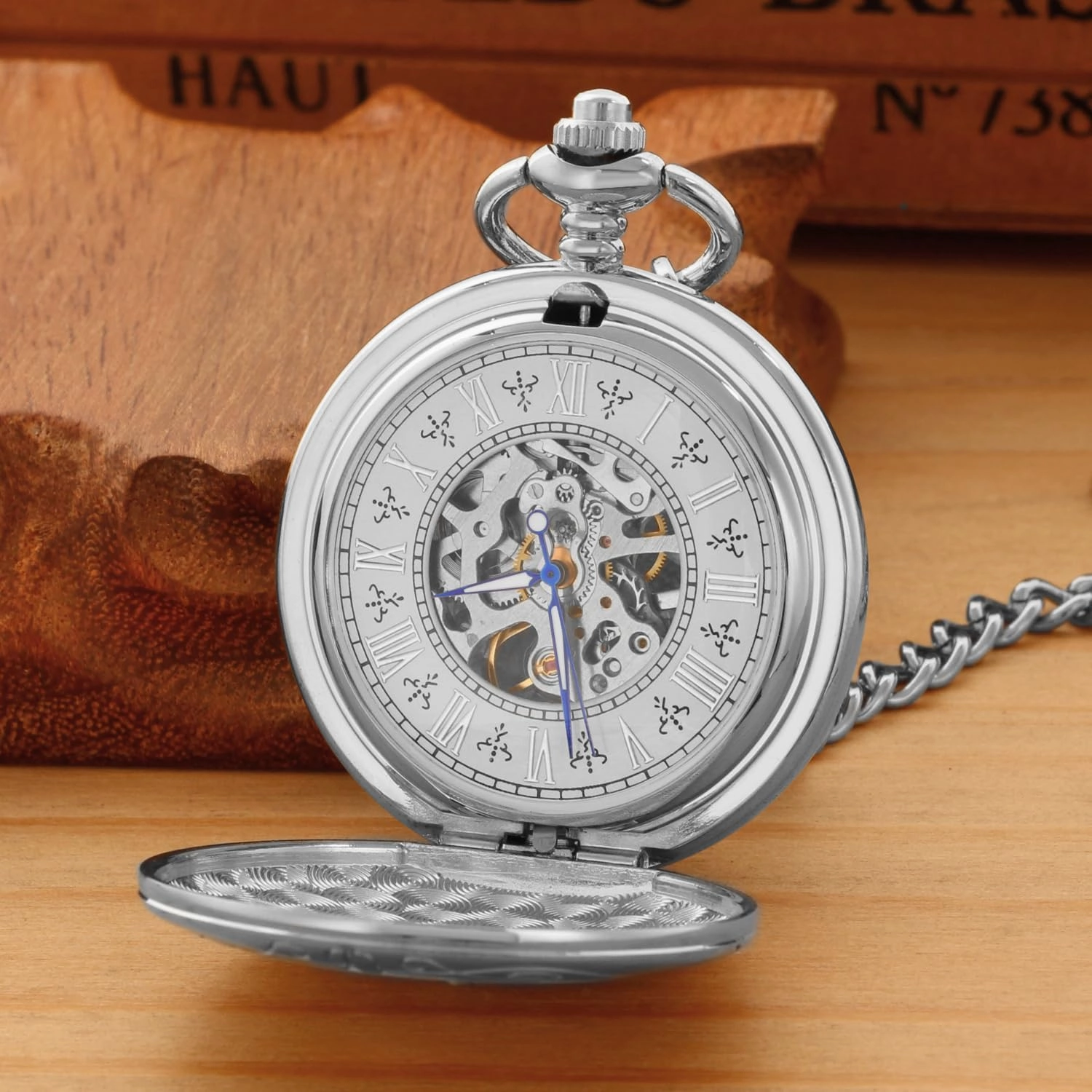 Classic Silver Mechanical Pocket Watch, Roman Numerals Silver Pocket Watch with Chain Box for Men