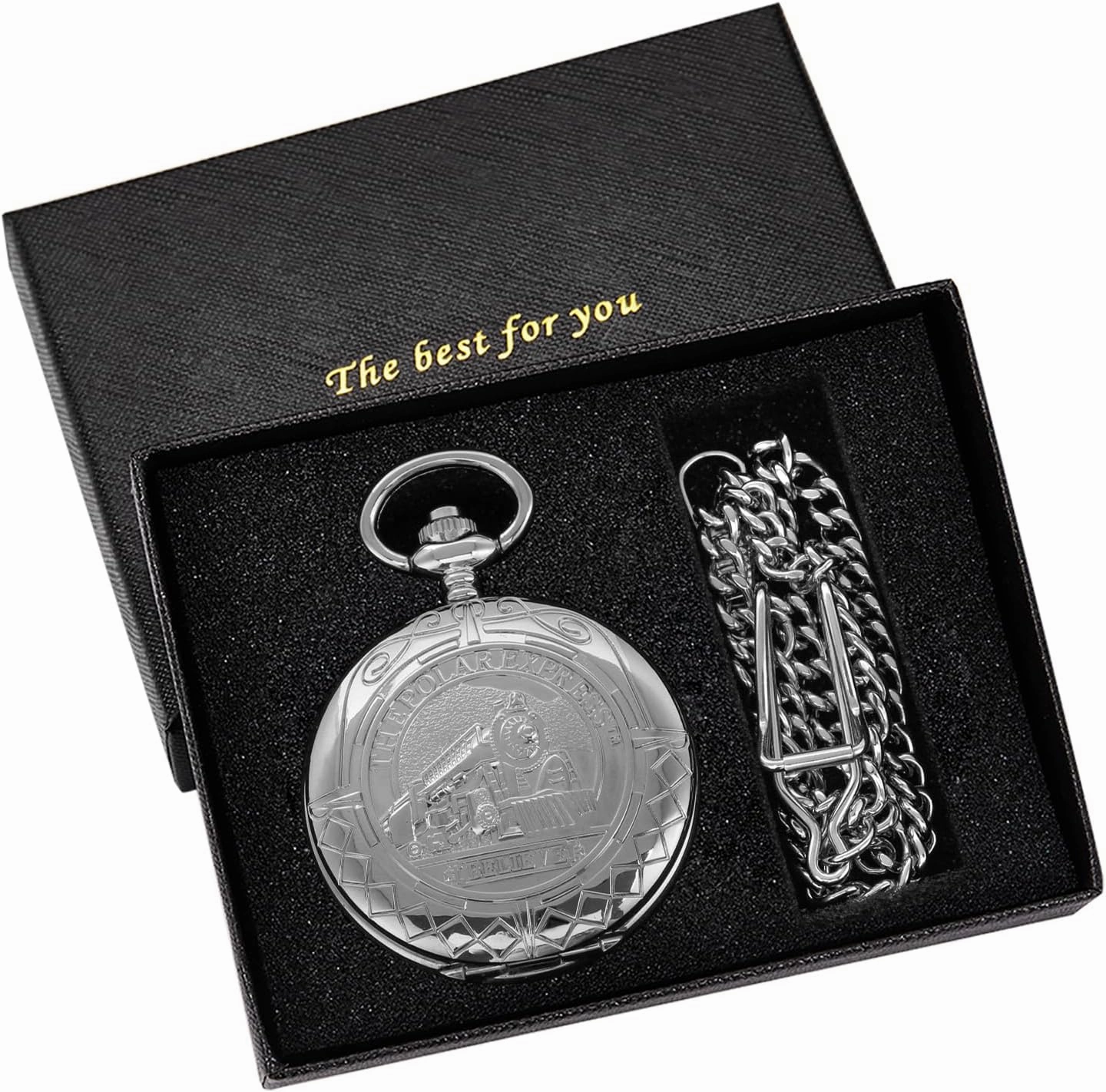 Classic Silver Mechanical Pocket Watch, Roman Numerals Silver Pocket Watch with Chain Box for Men