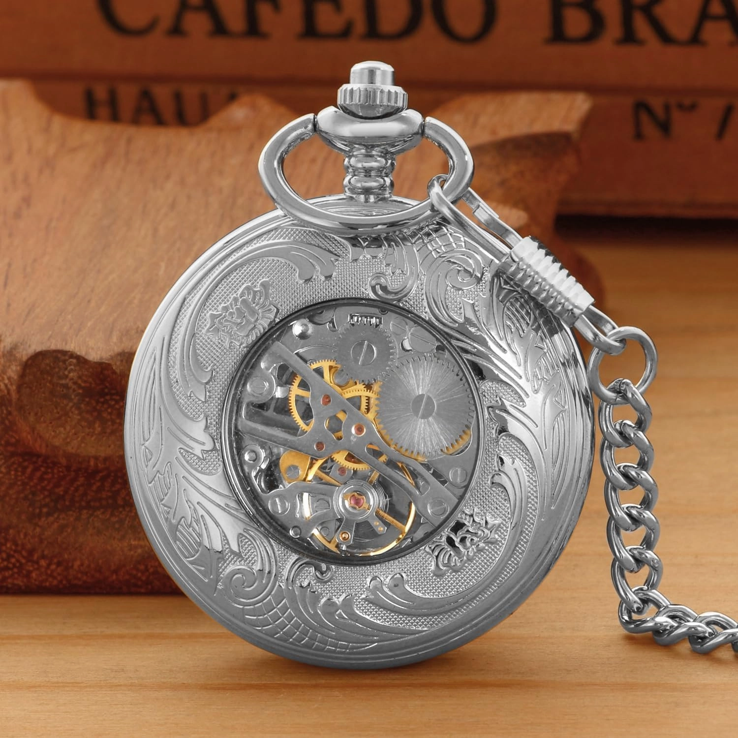 Classic Silver Mechanical Pocket Watch, Roman Numerals Silver Pocket Watch with Chain Box for Men