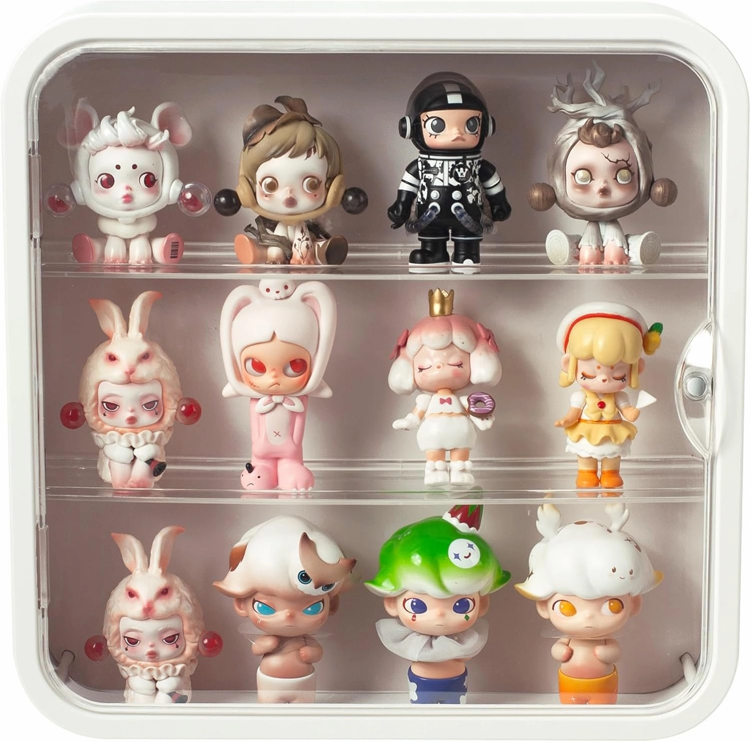 Clear Display Case for Figures, Wall Mounted Clear Display Box, 3 Tiers Adjustable Acrylic Display Box Stand with Magnetic Door for Mini Action Figures Pop Mart Collectibles, White