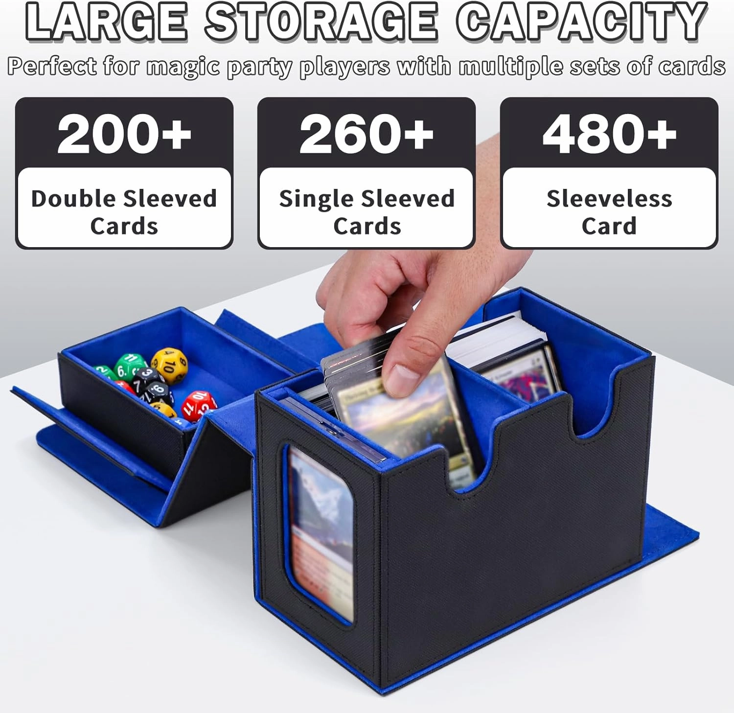 Commander Deck Box for MTG, Card Deck Box with Dice Tray and Display Window, Fits 200  Double-Sleeved Cards, Magnetic Leather Trading Card Storage Case for Magic Game Cards (Black & Blue)