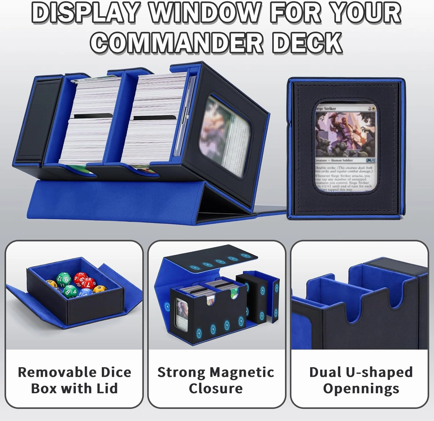 Commander Deck Box for MTG, Card Deck Box with Dice Tray and Display Window, Fits 200  Double-Sleeved Cards, Magnetic Leather Trading Card Storage Case for Magic Game Cards (Black & Blue)
