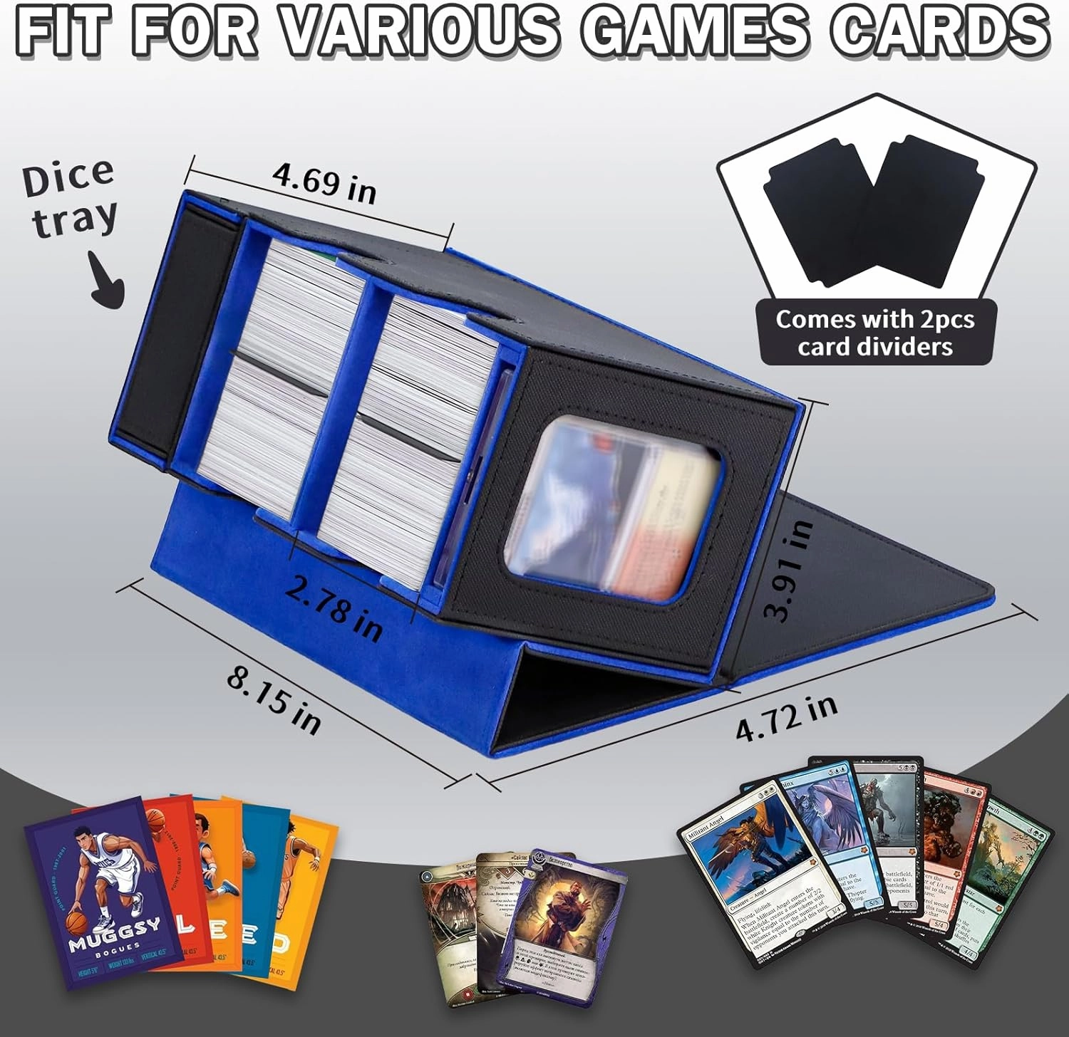 Commander Deck Box for MTG, Card Deck Box with Dice Tray and Display Window, Fits 200  Double-Sleeved Cards, Magnetic Leather Trading Card Storage Case for Magic Game Cards (Black & Blue)
