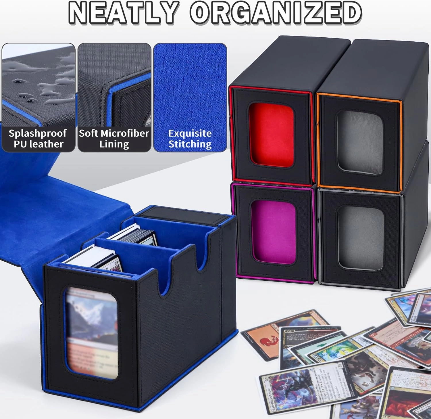 Commander Deck Box for MTG, Card Deck Box with Dice Tray and Display Window, Fits 200  Double-Sleeved Cards, Magnetic Leather Trading Card Storage Case for Magic Game Cards (Black & Blue)