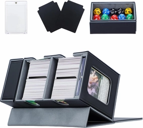 Commander Deck Box for MTG, Card Deck Box with Dice Tray and Display Window, Fits 200  Double-Sleeved Cards, Magnetic Leather Trading Card Storage Case for Magic Game Cards (Black & Gray)