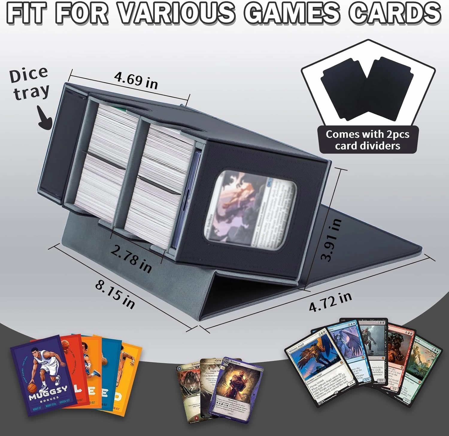Commander Deck Box for MTG, Card Deck Box with Dice Tray and Display Window, Fits 200  Double-Sleeved Cards, Magnetic Leather Trading Card Storage Case for Magic Game Cards (Black & Gray)